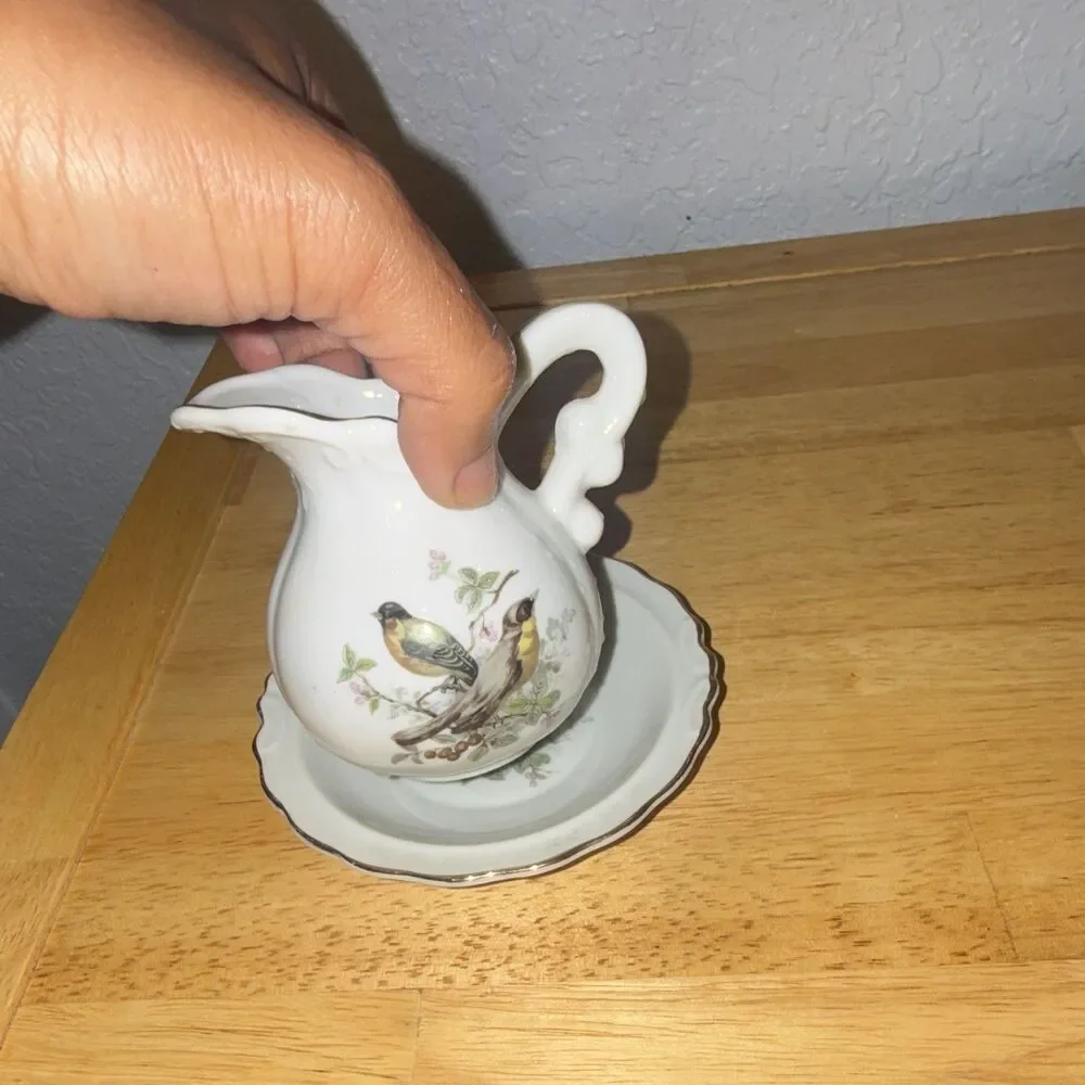 Vintage White Glossy Ceramic Bird Pitcher & Matching Bowl 2pc Set, Made in Japan